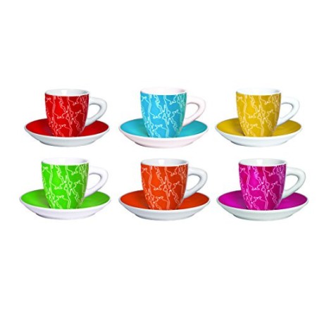 Bialetti Y0TZ012 Set Tazzine con Piattino, Porcellana, Multicolor, 6 unità