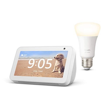 Echo Show 5, Bianco + Philips Hue White Lampadina Connessa (E27), compatibile con Alexa