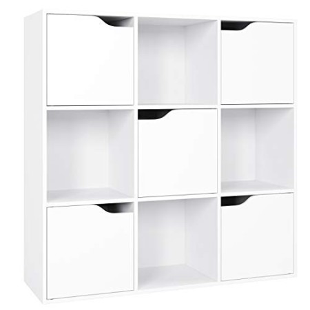 Homfa Mensola Libreria in Legno con 9 Cubi 5 Ante Mobile Portaoggetti Scaffale Cubo Porta Libri CD Bianca 90 × 29 × 90cm