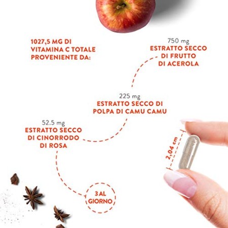 Vitamina C Naturale - 1027.5 mg per dose giornaliera - Con Flavonoidi di Agrumi - Camu Camu ed Estratto di Acerola - Per la Funz