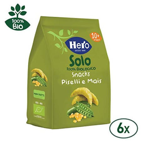 Hero Solo Snack Piselli e Mais, 100% Biologico, senza glutine, non fritti, dai 10 mesi in su - Cartone da 6 confezioni x 50 g
