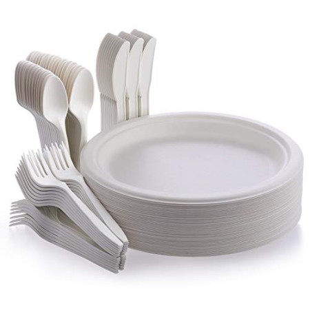 Fuyit Piatti Biodegradabili, Set di 200 Posate e Piatti Carta con 50 Piatti, 50 Forchette, 50 Coltelli e 50 Cucchiai per Feste, 