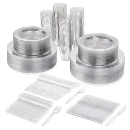 600 Pezzi| Set da Stoviglie Monouso in Plastica Glitter Argento - 100 Piatti Usa e Getta, 100 Piatti da Dessert, 100 Bicchieri, 