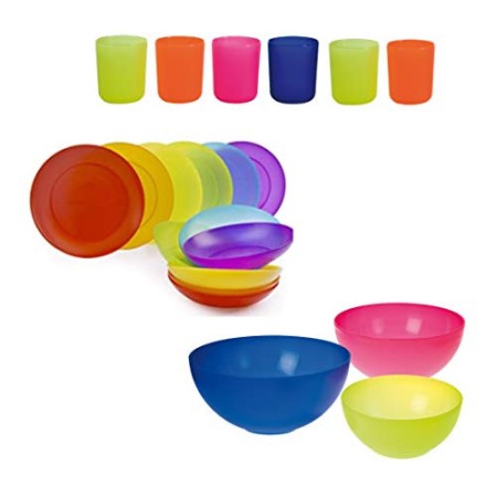 SET DA 21 PEZZI PER FESTA BBQ CAMPEGGIO ESTATE :12 PIATTI 6 BICCHIERI 3 CIOTOLE DA 17, 20 E 24 CM - PLASTICA RIGIDA LAVABILE E R