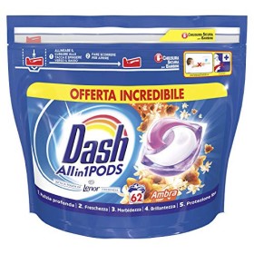 Dash Pods Allin1 Touch of Lenor al Profumo di Ambra Pods per Bucato, 62 Lavaggi, Pulizia Ottimale e Profumo Duraturo