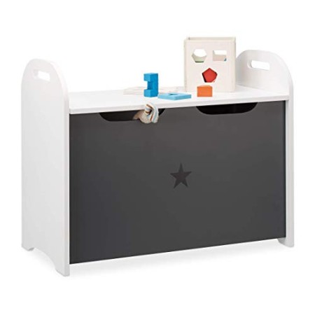 Relaxdays, Bianco-Grigio Portagiochi Bambini, Mobiletto per Giocattoli, Panca con Coperchio, HLP 47x57x30 cm, con Stella, Pannel