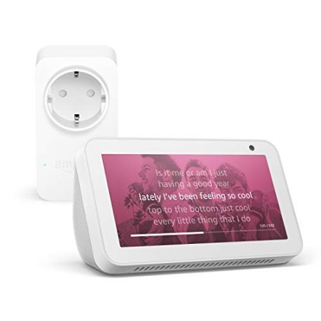 Echo Show 5, Bianco + Amazon Smart Plug (presa intelligente con connettività Wi-Fi), compatibile con Alexa