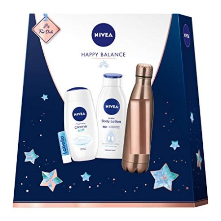 Nivea Happy Balance - Set regalo con borraccia, lozione per il corpo, bagnoschiuma e Labello, piccolo pensiero pieno di momenti 