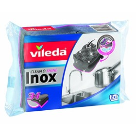 Vileda Spugna Clean & Shine Inox 3in1 Sponge, 0, Grigio, Rosa, 150 x 95 x 46