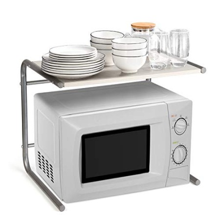 Amzdeal Mensola Microonde Forno, Stabile Scaffale da Cucina a Doppio Strato, Mensola Angolare in Metallo e Legno