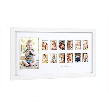 Pearhead P63008 Cornice da Parete Primo Anno con 13 Foto Bimbo, 1 Grande e 12 Piccole, Bianca