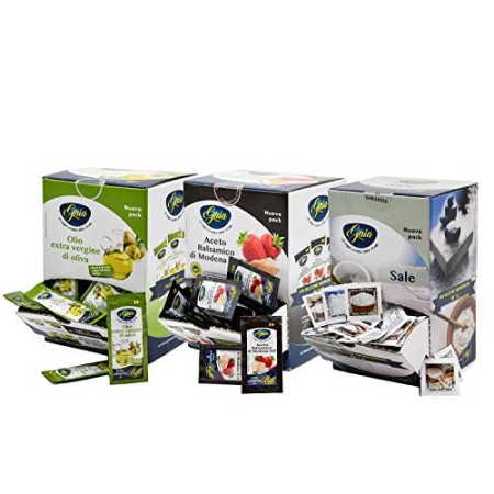 Gaia - Mix Di Condimenti Monodose: 102 Bustine Di Olio Extra Vergine - 198 Bustine Di Aceto Balsamico - 500 Bustine Di Sale Ioda