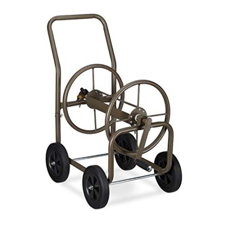Relaxdays Carrello Avvolgitubo XL, Carrellino Mobile in Metallo, 2x Attacchi da 3/4 Pollici, Tubi Lunghi 60 cm, Marrone