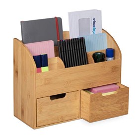 Relaxdays Portaoggetti da Scrivania, 6 Scomparti, 2 Cassetti, Cancelleria Ufficio, bambù, Studio, 26x33x13,5 cm,Naturale, 1 pz