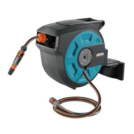 Gardena 8022-20 Roll-Up Avvolgitubo a Parete Orientabile, Elementi di Sistema e Lancia, 15 m, Blocco a Passi Brevi