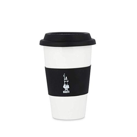 Bialetti To Go Mug da Ufficio (con Doppia Parete), Tazza in Porcellana con Coperchio e Banda in Silicone, capacità 300 ml, Blac