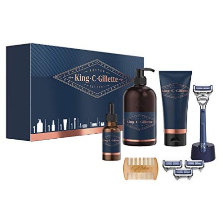Set completo King C. Gillette, rasoio, gel da barba trasparente, detergente, olio da barba, pettine di alta gamma, supporto perf
