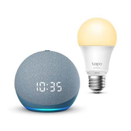 Echo Dot (4ª generazione) con orologio, Ceruleo + TP-Link Tapo White Lampadina Connessa (E27), compatibile con Alexa