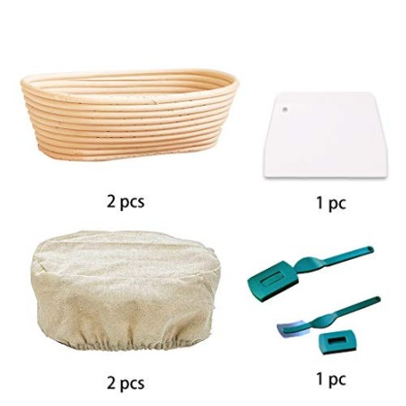 Set di 2 cestini per il pane e proofing Basket, rotondi, con spatola e set di lino, canna d'india, beige, ciotola in rattan fatt