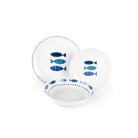 Excelsa Ocean Servizio Piatti 18 Pezzi, Porcellana, Bianco/Azzurro