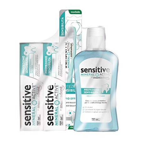 Kit Denti Sensibili - NUOVO Sensitive Mineral Active di Mentadent (include 2 dentifrici da 75ml, 1 collutorio da 300ml ed 1 spaz