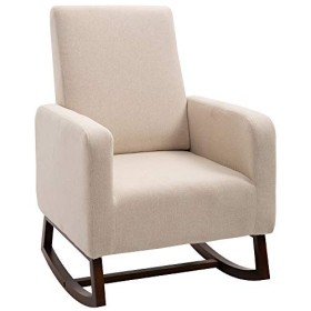 homcom Poltrona a Dondolo Imbottita, Design Vintage in Legno e Lino Beige per Interni, Ufficio, Soggiorno, 74x88x107cm