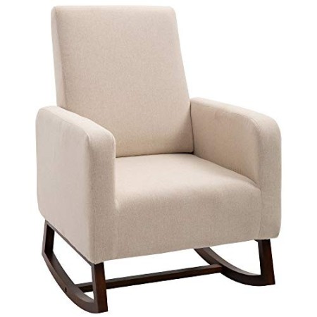 homcom Poltrona a Dondolo Imbottita, Design Vintage in Legno e Lino Beige per Interni, Ufficio, Soggiorno, 74x88x107cm