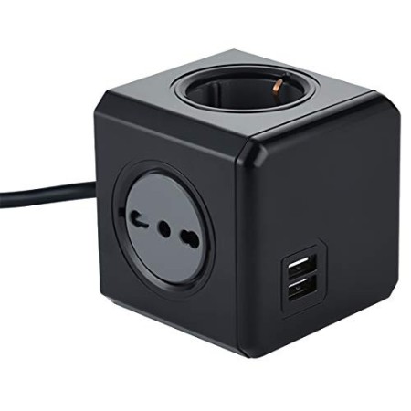 Electraline 62099 Multipresa Cubo Powercube 4 Posti con 2 USB 2.1A, 2 Schuko + Spina Italiana, 2 Bivalenti 10/16 Italiane, Color