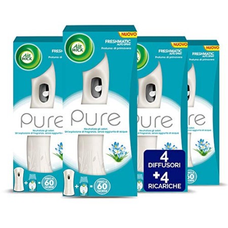 Airwick Profumatore per Ambienti Spray Automatico Freshmatic - 1 Confezione con 4 Diffusori e 4 Ricariche, fragranza Pure Profum