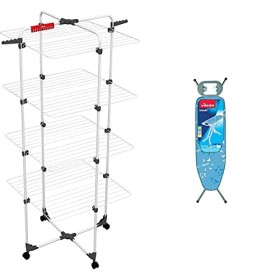 Vileda Mixer 4 Stendibiancheria A Torre, Ripiegabile, Con Ruote & Asse Da Stiro Smart, Asse Da Stiro Traspirante, Regolabile In 