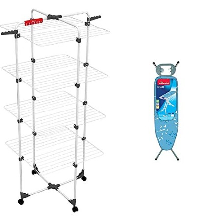 Vileda Mixer 4 Stendibiancheria A Torre, Ripiegabile, Con Ruote & Asse Da Stiro Smart, Asse Da Stiro Traspirante, Regolabile In 