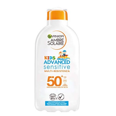 Garnier Ambre Solaire Latte Protettivo IP 50+ Advanced Sensitive Kids, Protezione Molto Alta, Multi-Resistenza, 200 ml
