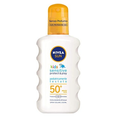 NIVEA SUN Spray Solare Kids Sensitive Protect & Play FP50+ in Flacone Spray da 200 ml, Protezione Solare senza Profumo, Crema So