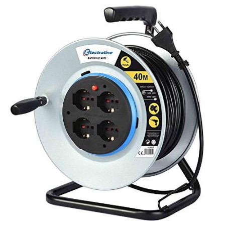 Electraline 49011 Prolunga Elettrica 40 Mt Con avvolgicavo in Metallo con 4 Prese Schuko +10/16A, Spina 16A per Uso Professional