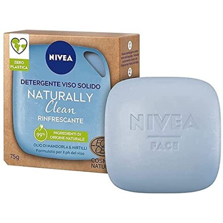 NIVEA Detergente Viso Solido Naturally Clean Rinfrescante Con Olio Di E Mirtilli 75gr, Mandorla