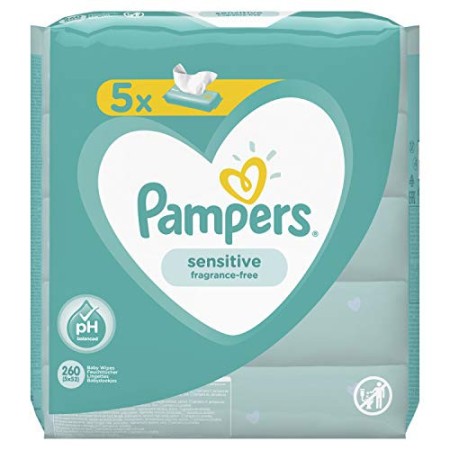 Pampers Sensitive Baby - Salviette umidificate per neonati, 260 salviette (5 x 52) per la pelle sensibile del bambino, dermatolo