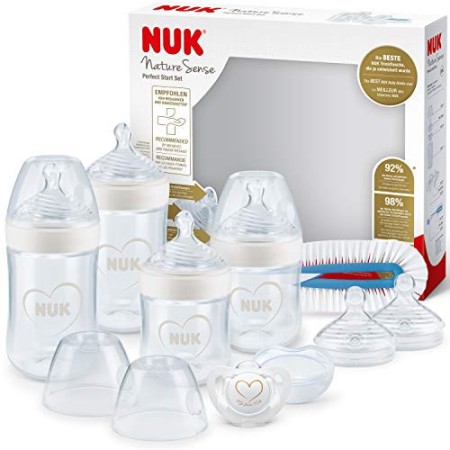NUK Nature Sense Perfect Start set biberon | 0-18 mesi | 4 biberon con sistema Anti-Colica, succhietto, spazzola per biberon e m