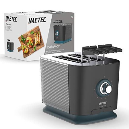 Imetec TostaMaxi Tostapane, 2 Fessure Extralarge e Pinze Apribili per Toast Extrafarciti, 10 livelli di doratura, Timer con Auto