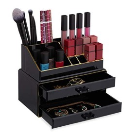 Relaxdays Portatrucchi, 2 Organizer Combinabili, Portaoggetti per Cosmetici con Cassetti, Multiuso, Versatile, Nero/Oro, 1 pz