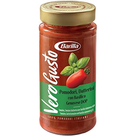 Barilla Vero Gusto, Sugo con Pomodori, Datterini e Basilico Genovese DOP, con Olio Extra Vergine di Oliva, Senza Zuccheri e Cons