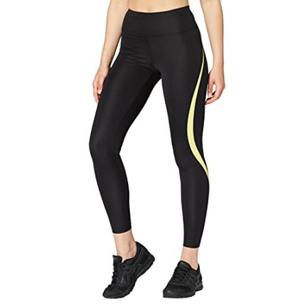 Marchio Amazon - AURIQUE Leggings Sportivi a Vita Alta Donna, Nero (Black/Lime), 42, Label:S