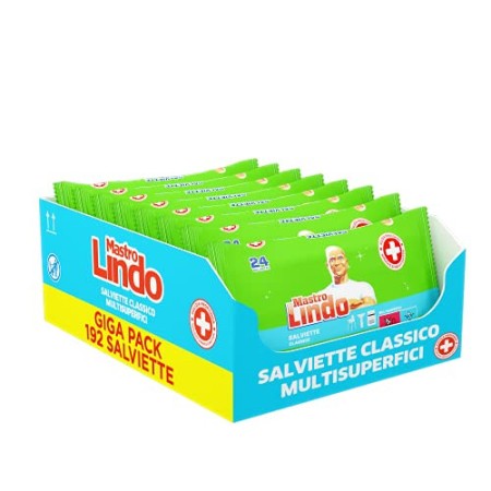 Mastro Lindo Salviette Igienizzanti Multisuperficie, 192 Pezzi (8 x 24 Salviettine), Classico, Per Tutte le Superfici, Senza R