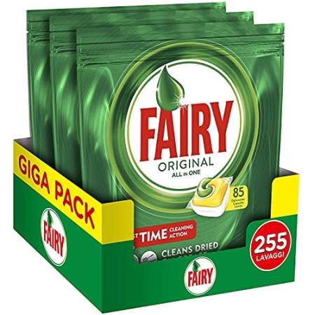 Fairy Original All in One - Pastiglie per Lavastoviglie, Limone, Maxi Formato da 85x3 Caps di Detersivo (Totale 255)