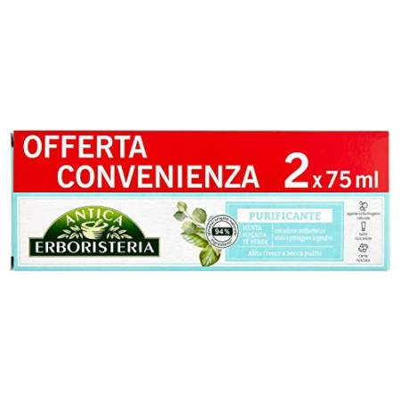 Antica Erboristeria, Dentifricio Purificante per Alito Fresco con Ingredienti Naturali, Gusto Menta e Eucalipto, 2 x 75 ml