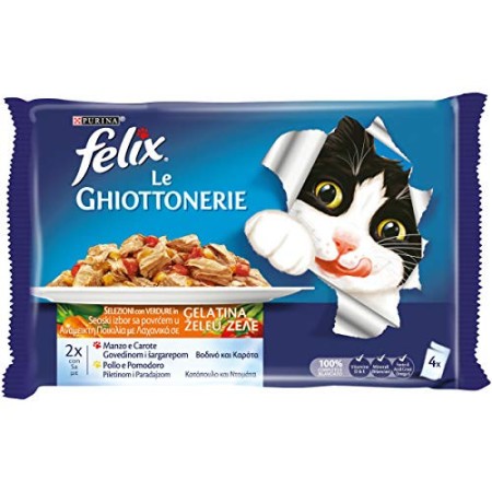 Purina Felix le Ghiottonerie Umido Gatto con Manzo e Carote e con Pollo e Pomodoro, 40 Buste da 100 g Ciascuna, 10 Confezioni da