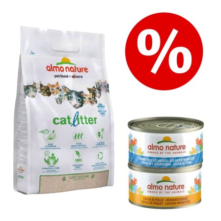 Set misto Lettiera Almo Nature + alimento umido Almo Nature - 4,54 kg Lettiera Almo Nature + 6 x 70 g Tonno dell'Atlantico