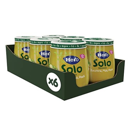 Hero Solo Omogeneizzati Zucchina Piselli Mais Bio, Cartone da 6 Vasetti x 120 Gr