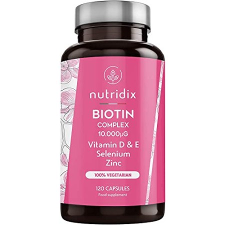 Biotina 10.000 mcg per Dose - Crescita dei Capelli e Cura delle Unghie - Biotina con Zinco, Selenio, Vitamine D ed E - 120 Capsu