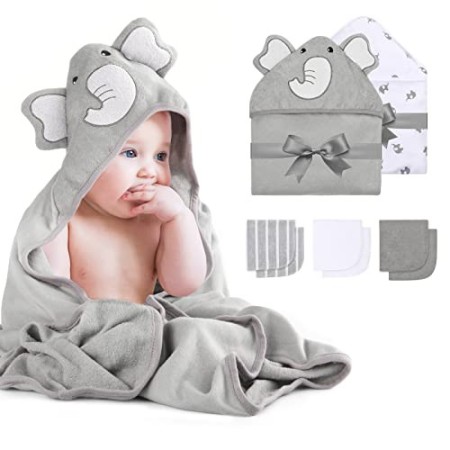 Momcozy Set Asciugamano per Bambini 8 pz, Set Asciugamano Neonato con Cappuccio, 2pz Accappatoio Neonato 76x76cm e 6pz Quadrati 