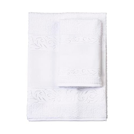 Filet - Set Asciugamani con Ospite | 100% spugna di cotone | Tinta unita | con Inserto in Tela Aida da Ricamare - Bianco